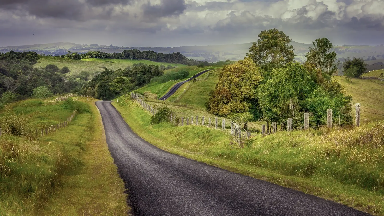 A winding rural road through the green hills of the Atherton Tablelands
